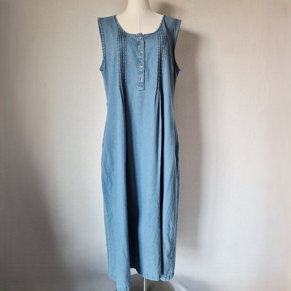 The Vermont Country Store Blue Denim Pintuck Jumper Maxi Dress Sleeveless - Picture 2 of 11